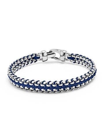 Nialaya Men's Bracelet Navy Woven Box Chain Bracelet in Silver Navy Woven Box Chain Bracelet in Silver